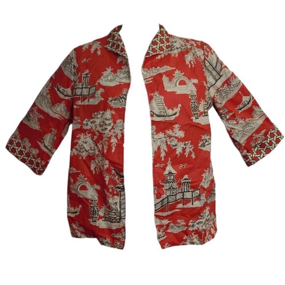 VINTAGE 90s red Asian Chinese open front collared oversized lightweight jacket M - Picture 1 of 12